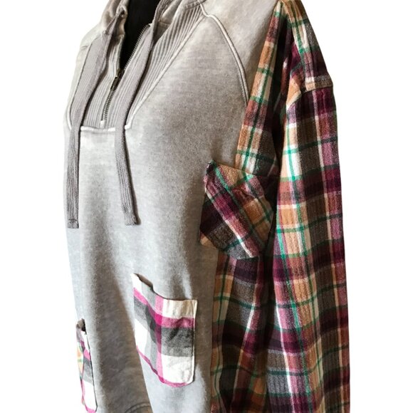 Patchwork Hoodie, Plus Size XL-2X: Upcycled Gray Magenta Plaid Boho Jacket - Picture 9 of 15